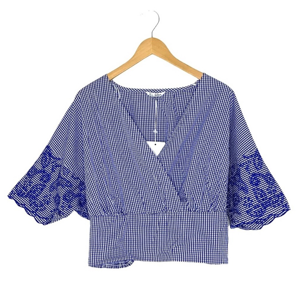 Grifflin Blue Gingham Embroidered Cotton Blouse L